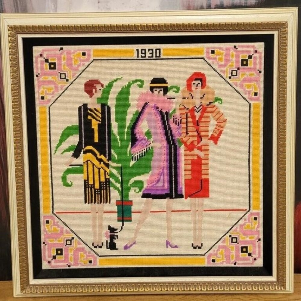 Rare Vtg French School Needlepoint Fashion 1930